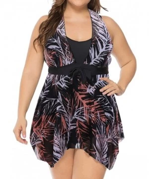 Racing Women's Plus Size Floral Swimdress High Waist Tankini Set V Neck Swimwear - Black Leaves Pattern - CT19C5TQ2LG