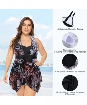 Racing Women's Plus Size Floral Swimdress High Waist Tankini Set V Neck Swimwear - Black Leaves Pattern - CT19C5TQ2LG