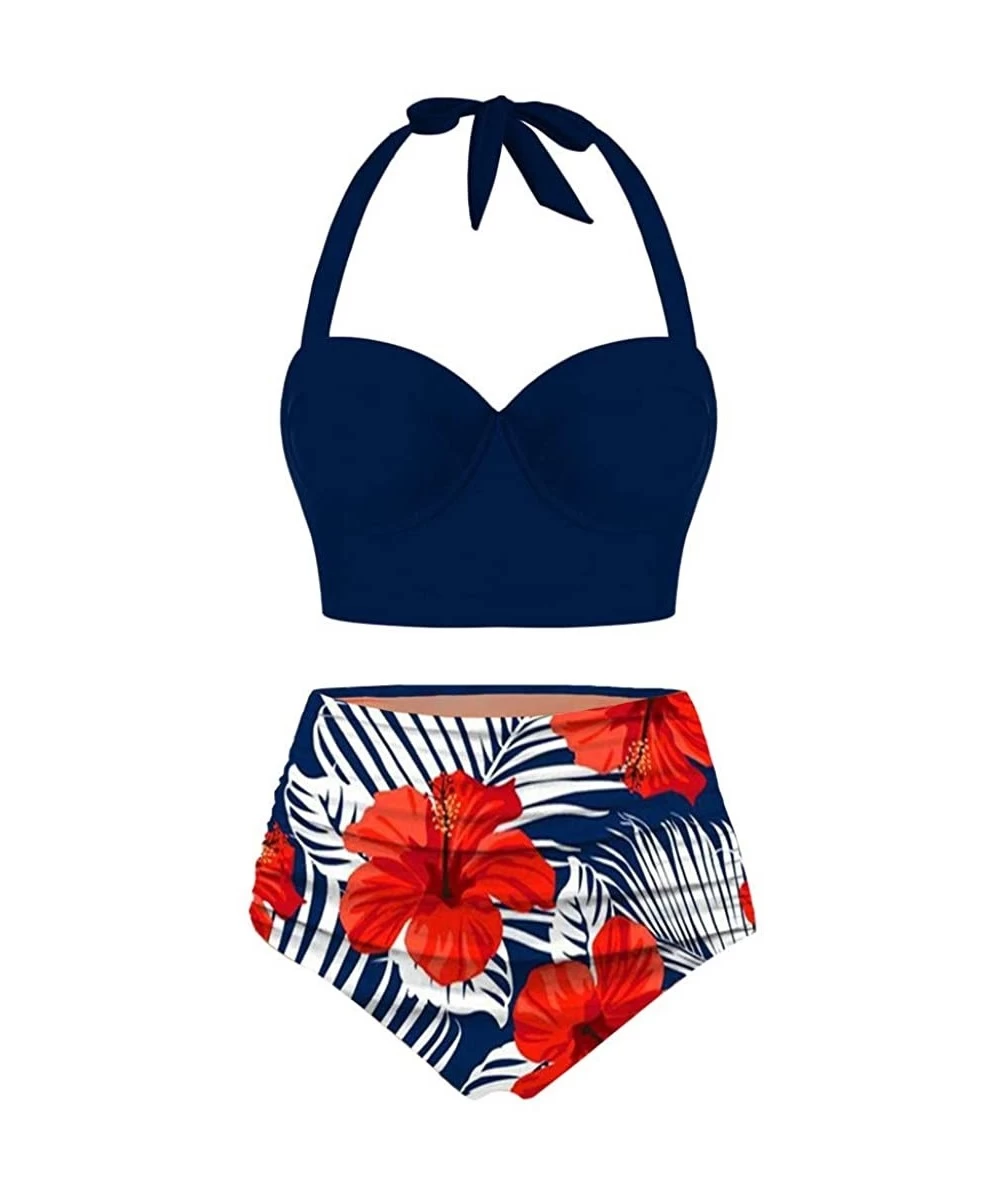 Tankinis Two Pieces Push-Up Padd Overlay Sunflower Print Bikini Stripe Bathing Suits Swimwear Beachwear Set - Navy - C2196AE7RY0