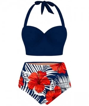 Tankinis Two Pieces Push-Up Padd Overlay Sunflower Print Bikini Stripe Bathing Suits Swimwear Beachwear Set - Navy - C2196AE7RY0