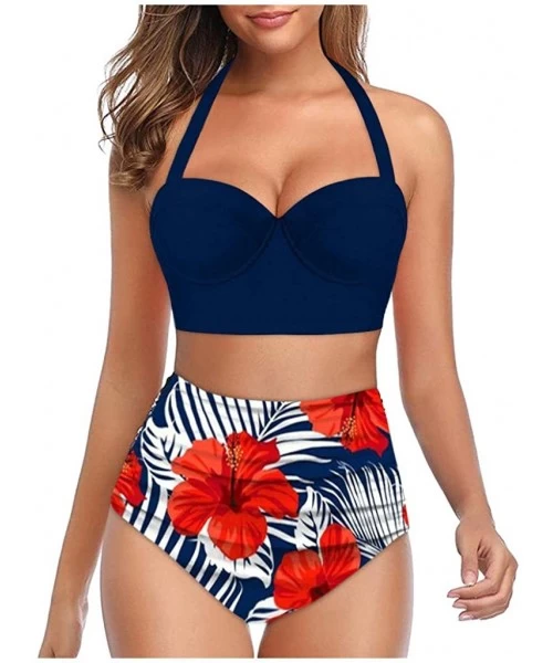 Tankinis Two Pieces Push-Up Padd Overlay Sunflower Print Bikini Stripe Bathing Suits Swimwear Beachwear Set - Navy - C2196AE7RY0