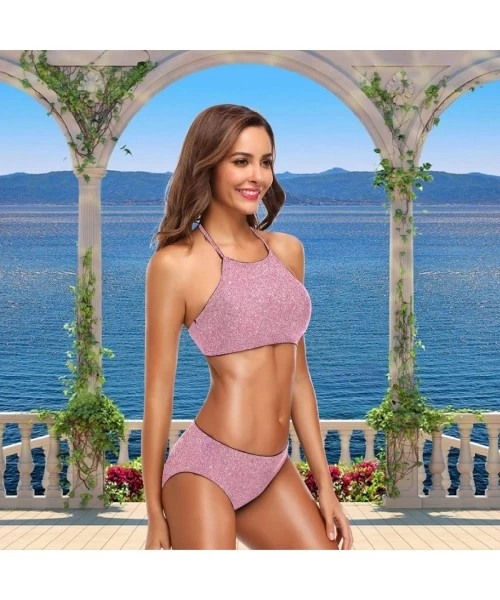 Racing Women Chic Summer Hot 2 Pcs Halter High Waist Padded Swimsuit Bathing Bikini Set - Pink Glittering - CW18GDG9S3Q