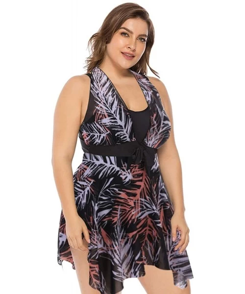 Racing Women's Plus Size Floral Swimdress High Waist Tankini Set V Neck Swimwear - Black Leaves Pattern - CT19C5TQ2LG