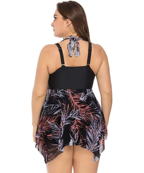 Racing Women's Plus Size Floral Swimdress High Waist Tankini Set V Neck Swimwear - Black Leaves Pattern - CT19C5TQ2LG