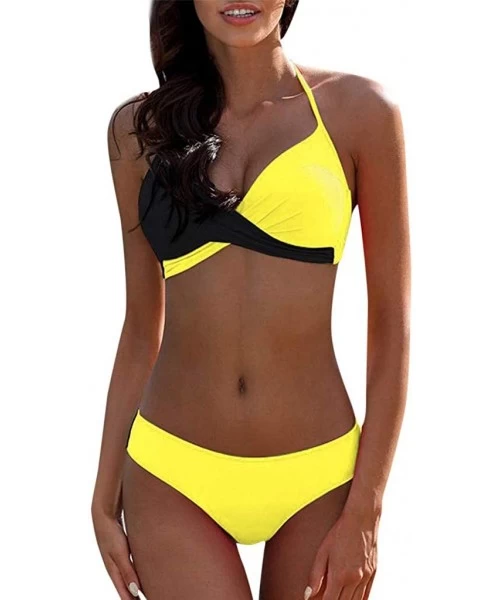 One-Pieces Women's Swimsuit Sexy Padded Push-up Bra Bikini Set Two-piece Swimwear Beachwear - G-yellow - CJ18T0A3WNK