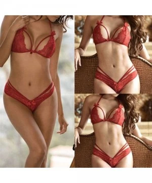 Tops Women Micro G-String Bikini 2 Piece Sliding Top Thong Hollow Bra - Red - CK1945U9TLI