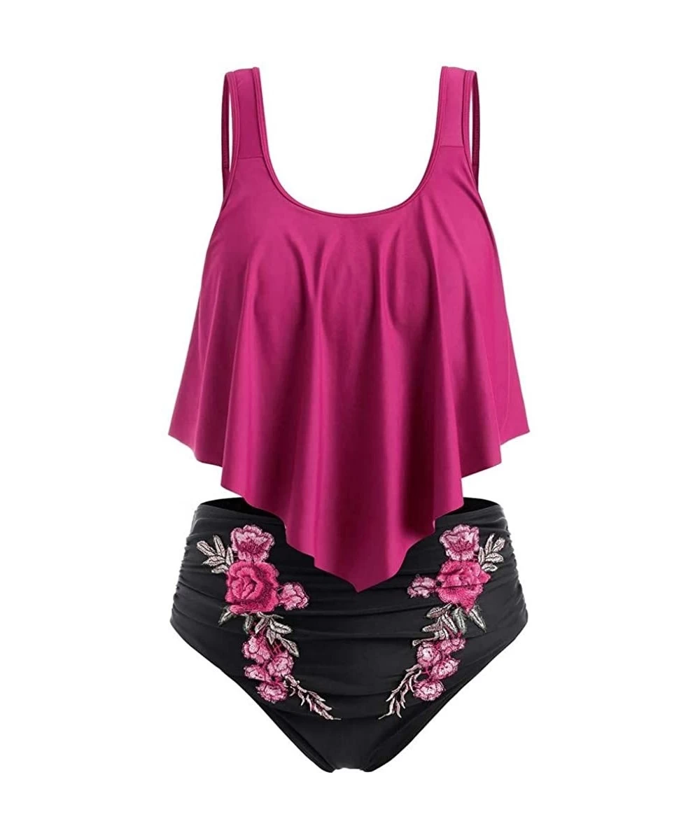 Bottoms Women Swimsuit Set Female Ruffled Plus Size High Waist Rose Embroidery Tummy Control Tankini Swimwear Set Hot Pink - ...