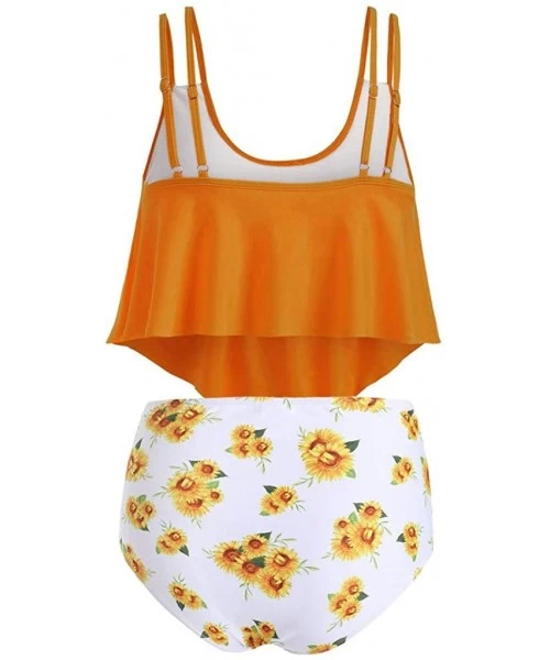 Racing Swimsuit for Women Two Pieces Bathing Suits Top Ruffled with High Waisted Sunflow Printed Bottom Tankini Sets Orange -...