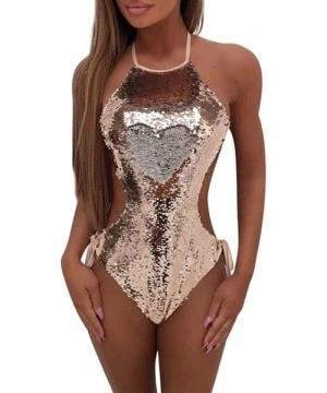 One-Pieces Women Ladies Bling Bling Sequins Bandage Jumpsuit Push-up Padded Bikini One Piece Swimwear Swimsuit Romper - Pink ...