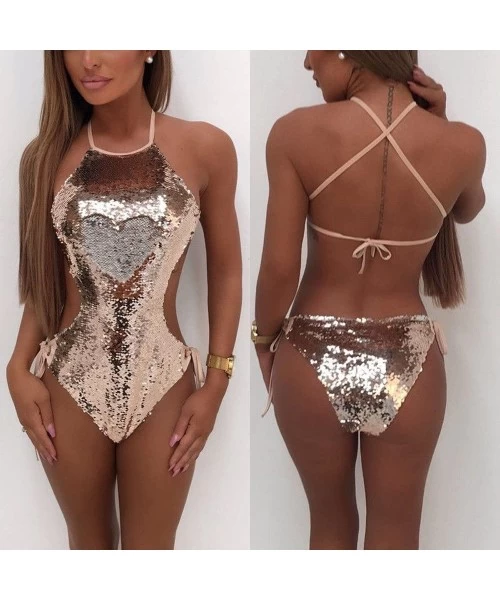 One-Pieces Women Ladies Bling Bling Sequins Bandage Jumpsuit Push-up Padded Bikini One Piece Swimwear Swimsuit Romper - Pink ...