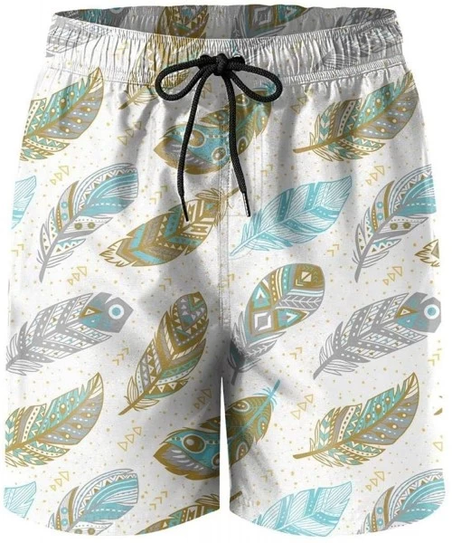 Board Shorts Big Art Feathers Swim Trunks Summer Elastic Waist Beachshort with Mesh Lining Bathing Suits - Grey Gold and - CT...