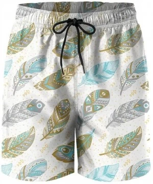 Board Shorts Big Art Feathers Swim Trunks Summer Elastic Waist Beachshort with Mesh Lining Bathing Suits - Grey Gold and - CT...