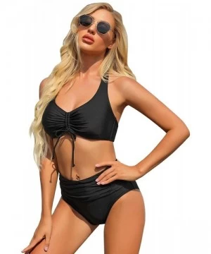 Sets Women's Halter Self Tie Ruched High Waist Two Piece Bikini Set Swimsuits - T Black - CB195A2XE35