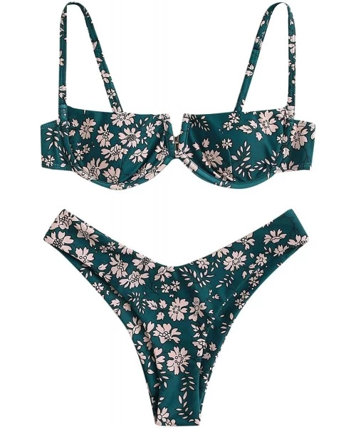 Tops Women's Floral Print Underwire Cami Top with High Cut Bikini Set - 1-green - CK19700HNLX