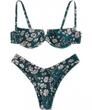 Tops Women's Floral Print Underwire Cami Top with High Cut Bikini Set - 1-green - CK19700HNLX