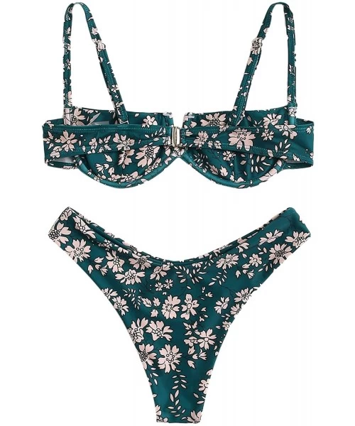 Tops Women's Floral Print Underwire Cami Top with High Cut Bikini Set - 1-green - CK19700HNLX