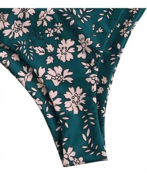 Tops Women's Floral Print Underwire Cami Top with High Cut Bikini Set - 1-green - CK19700HNLX