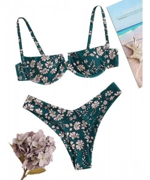 Tops Women's Floral Print Underwire Cami Top with High Cut Bikini Set - 1-green - CK19700HNLX