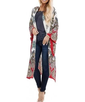 Cover-Ups Women's Swimsuit Cover Ups for Swimwear Open Front Sheer Blouses Shawl Beachwear Kimono Floral Cardigan - Red - CR1...