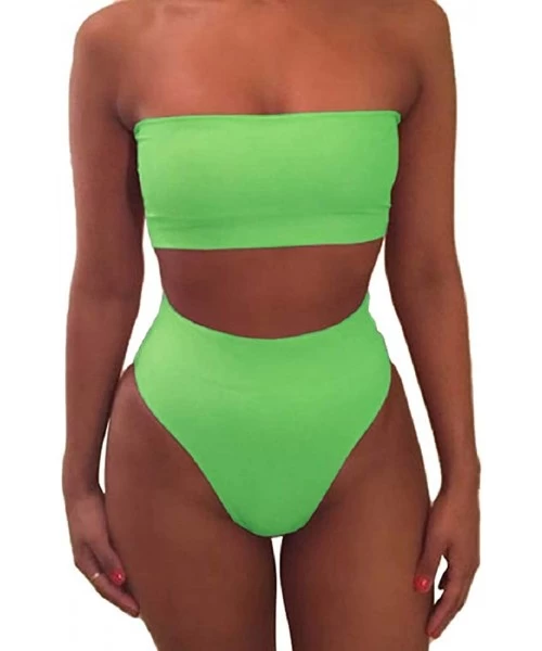 Sets Women's Bandeau Thong High Waisted Bikini 2 Piece Swimsuit Removable Strap - Green - CB18Y6WW6EI