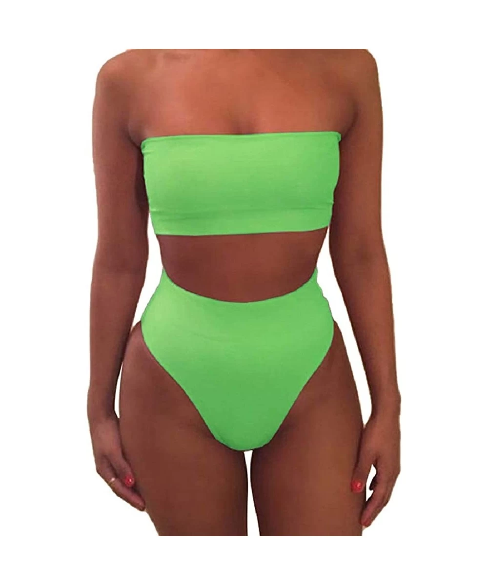 Sets Women's Bandeau Thong High Waisted Bikini 2 Piece Swimsuit Removable Strap - Green - CB18Y6WW6EI