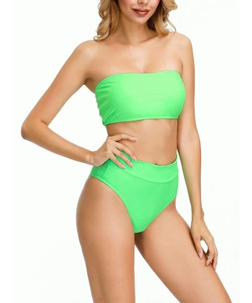 Sets Women's Bandeau Thong High Waisted Bikini 2 Piece Swimsuit Removable Strap - Green - CB18Y6WW6EI