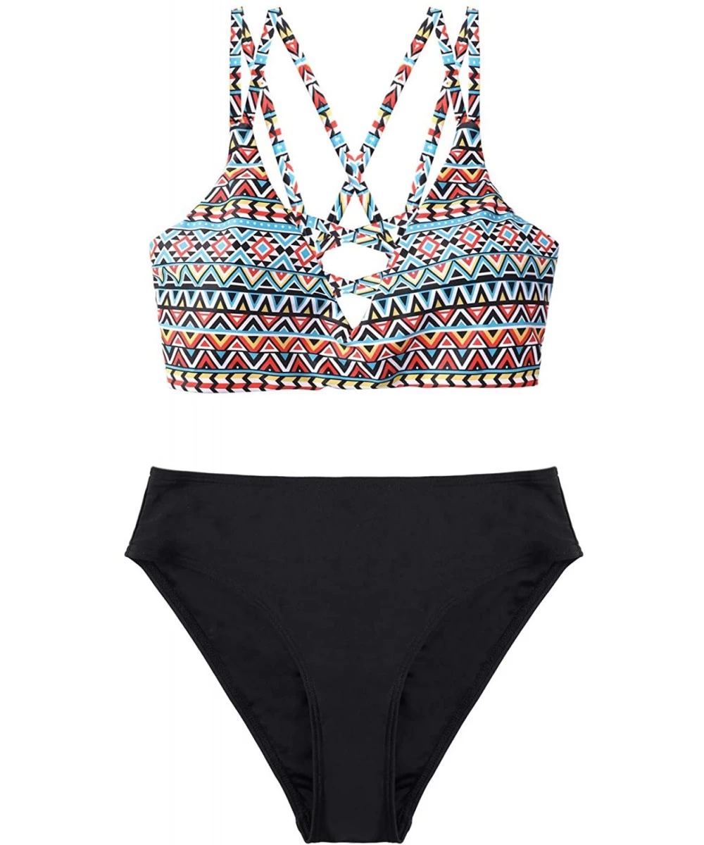 Sets Ruched Bikini Set Swimsuits Women Two Piece High Waisted Bathing Suits - Strappy Tribal/Black - CQ18Z0E2IC0