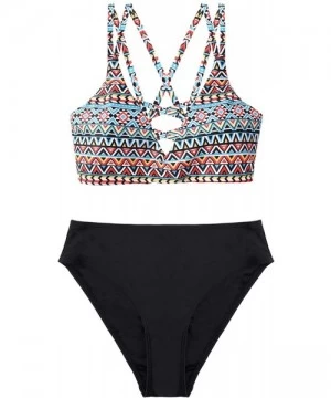 Sets Ruched Bikini Set Swimsuits Women Two Piece High Waisted Bathing Suits - Strappy Tribal/Black - CQ18Z0E2IC0