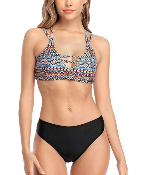 Sets Ruched Bikini Set Swimsuits Women Two Piece High Waisted Bathing Suits - Strappy Tribal/Black - CQ18Z0E2IC0