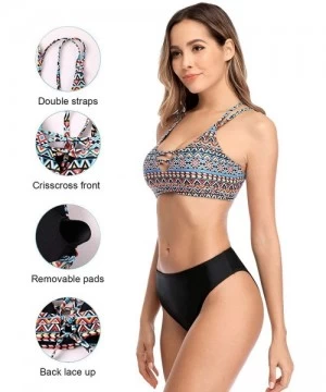 Sets Ruched Bikini Set Swimsuits Women Two Piece High Waisted Bathing Suits - Strappy Tribal/Black - CQ18Z0E2IC0