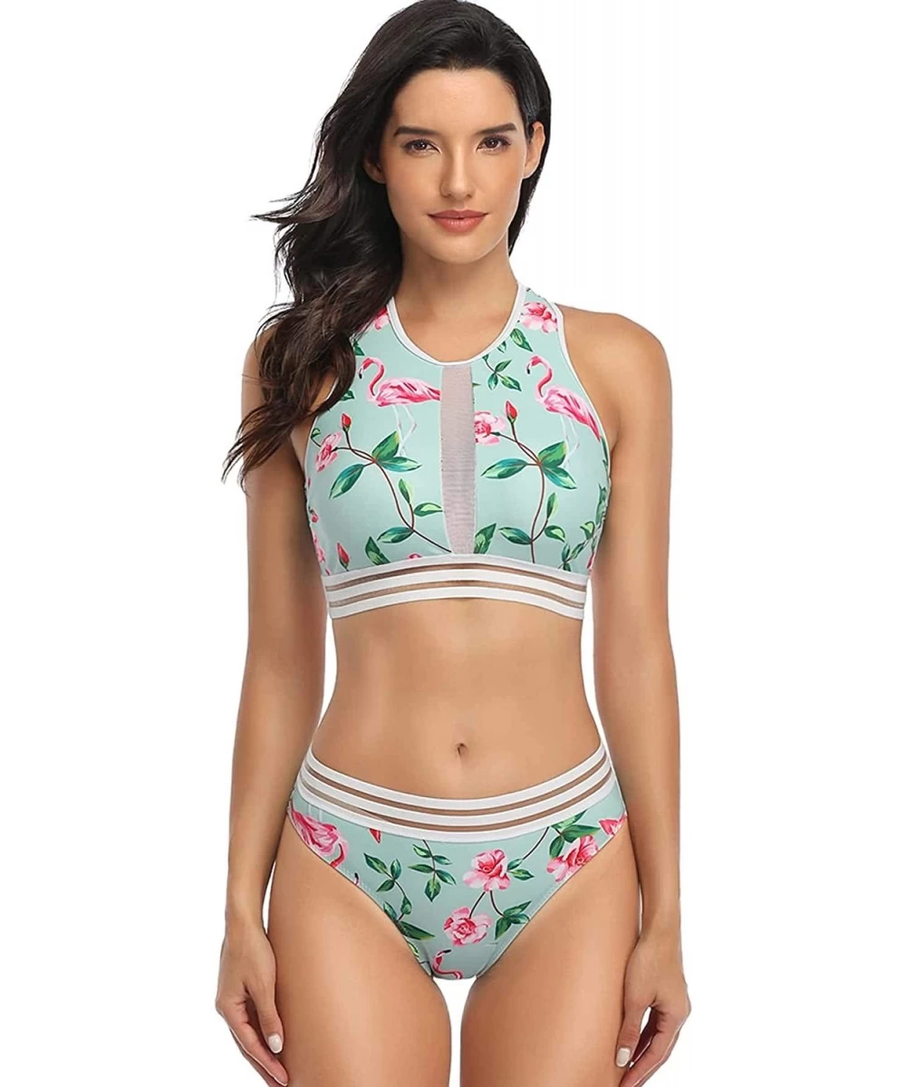 Sets Women's Floral Print High Waist Bikini Sets Push Up Two Piece Swimsuits - Aqua - CR194M9T9NS