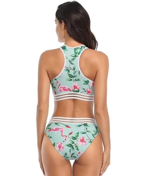 Sets Women's Floral Print High Waist Bikini Sets Push Up Two Piece Swimsuits - Aqua - CR194M9T9NS