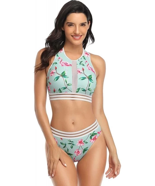 Sets Women's Floral Print High Waist Bikini Sets Push Up Two Piece Swimsuits - Aqua - CR194M9T9NS