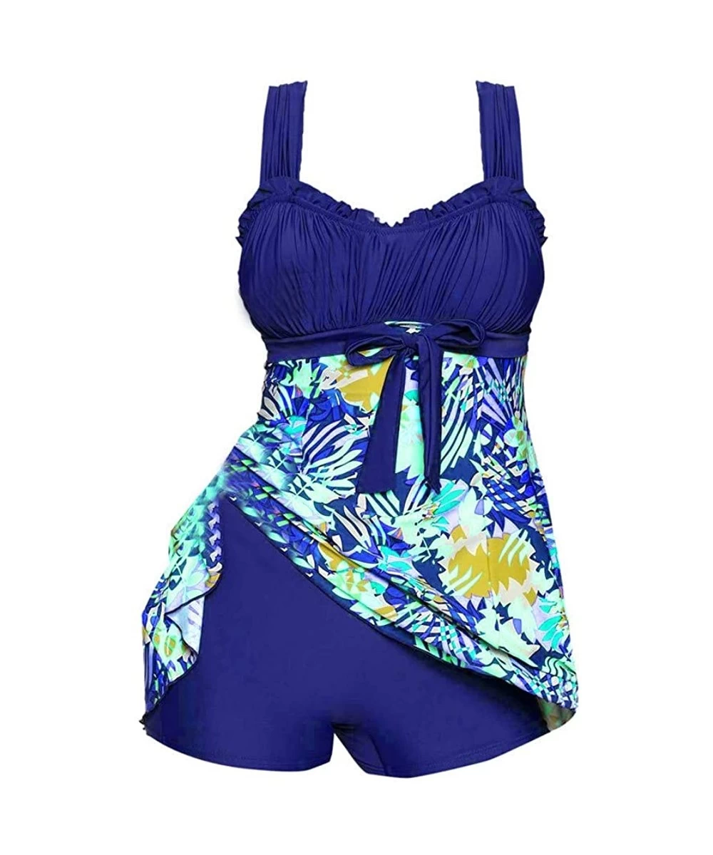 Sets Plus Sizes Two Piece Tankini Ladies Boho Flowers Print Swim Dress + Swimming Shorts Beach Bikini Sets Swimwear Blue - CB...