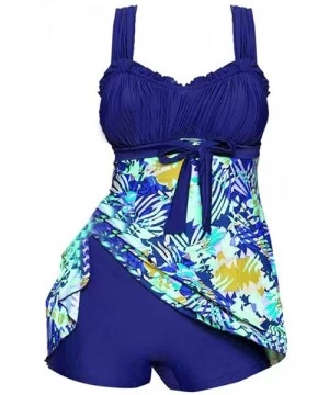 Sets Plus Sizes Two Piece Tankini Ladies Boho Flowers Print Swim Dress + Swimming Shorts Beach Bikini Sets Swimwear Blue - CB...