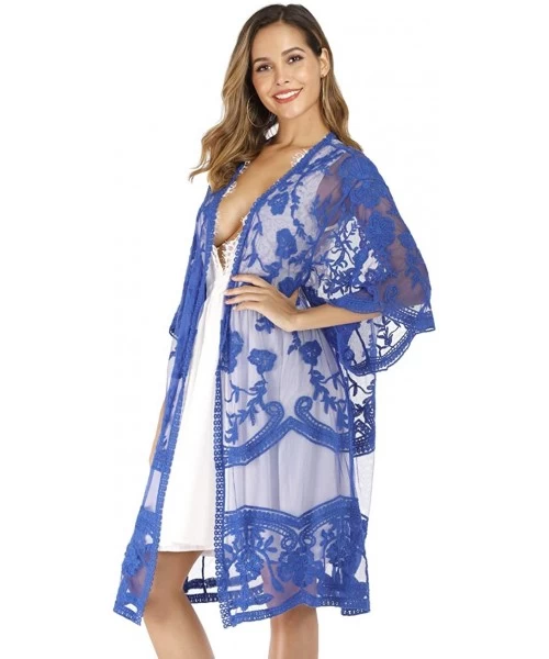 Cover-Ups Women's Lace Cardigan Floral Crochet Sheer Beach Bikini Cover Ups Long Open Kimono - Dark Blue 2 - CB18W56HSUG