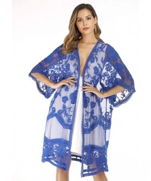 Cover-Ups Women's Lace Cardigan Floral Crochet Sheer Beach Bikini Cover Ups Long Open Kimono - Dark Blue 2 - CB18W56HSUG