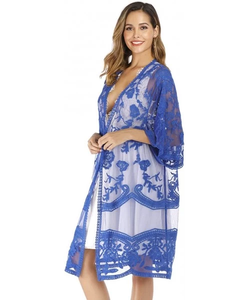 Cover-Ups Women's Lace Cardigan Floral Crochet Sheer Beach Bikini Cover Ups Long Open Kimono - Dark Blue 2 - CB18W56HSUG