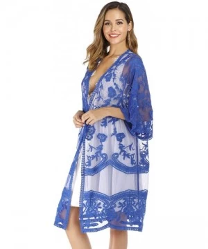 Cover-Ups Women's Lace Cardigan Floral Crochet Sheer Beach Bikini Cover Ups Long Open Kimono - Dark Blue 2 - CB18W56HSUG