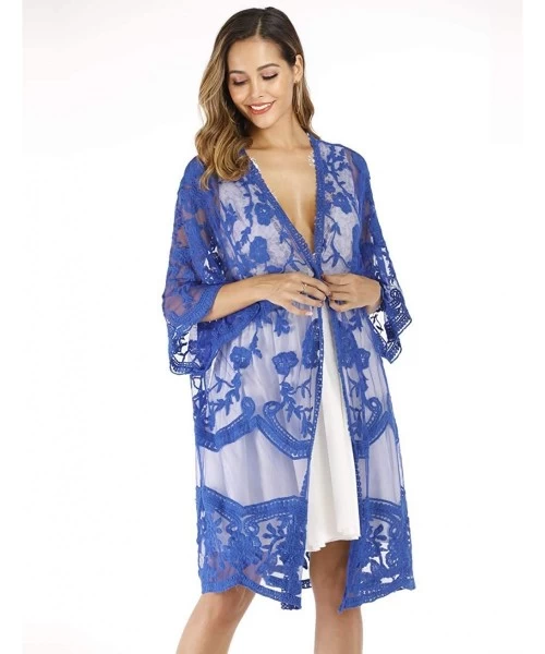 Cover-Ups Women's Lace Cardigan Floral Crochet Sheer Beach Bikini Cover Ups Long Open Kimono - Dark Blue 2 - CB18W56HSUG