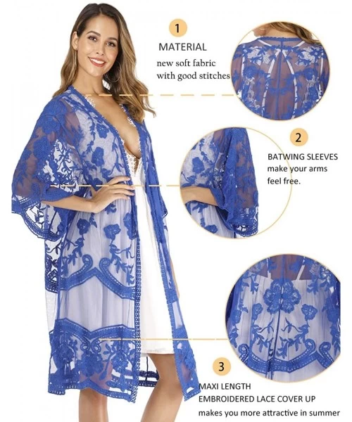 Cover-Ups Women's Lace Cardigan Floral Crochet Sheer Beach Bikini Cover Ups Long Open Kimono - Dark Blue 2 - CB18W56HSUG