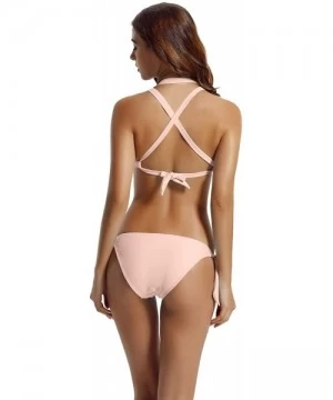 Sets Women's Tie Side Bottom Criss Cross Triangle Bikini Bathing Suits - Euphoria Pink - CI120TLHMP7