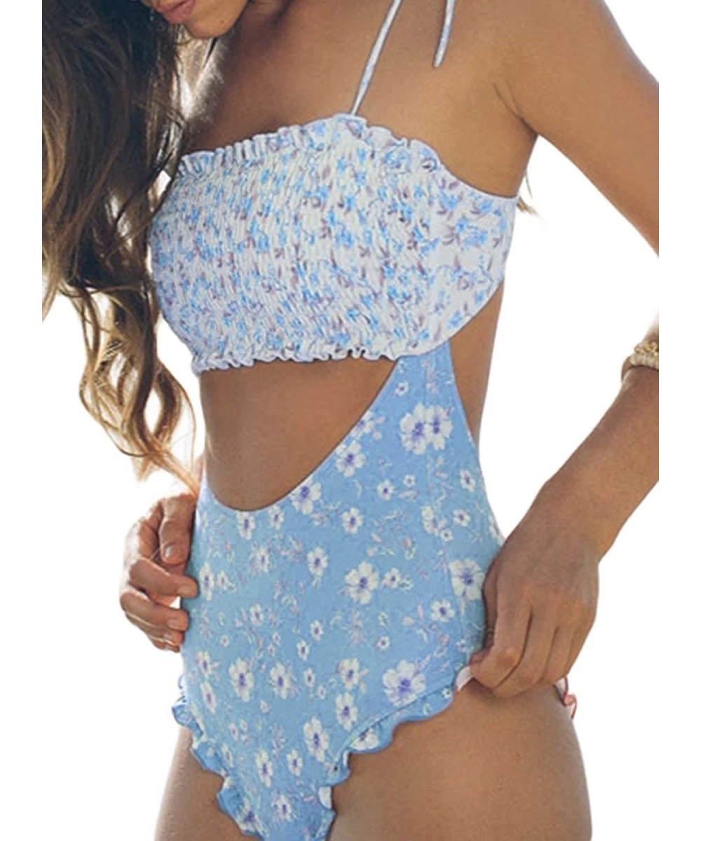 One-Pieces Women Stylish Cutout One-Pieces Monokini Ruffled Print Self Tie Straps Swimwear - Self Tie Strap Sky Blue-2 - C118...