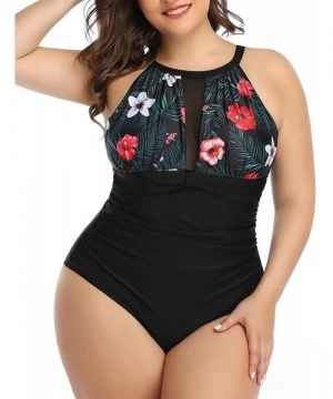 One-Pieces Women Plus Size One Piece Bathing Suits Ruched Tummy Control Swimsuit High Neck Mesh Swimwear - Floral-1 - CM18A5Q...