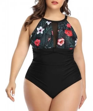 One-Pieces Women Plus Size One Piece Bathing Suits Ruched Tummy Control Swimsuit High Neck Mesh Swimwear - Floral-1 - CM18A5Q...