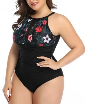 One-Pieces Women Plus Size One Piece Bathing Suits Ruched Tummy Control Swimsuit High Neck Mesh Swimwear - Floral-1 - CM18A5Q...