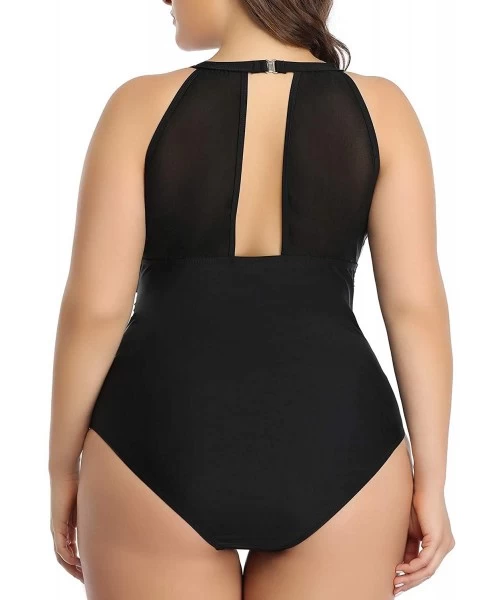 One-Pieces Women Plus Size One Piece Bathing Suits Ruched Tummy Control Swimsuit High Neck Mesh Swimwear - Floral-1 - CM18A5Q...