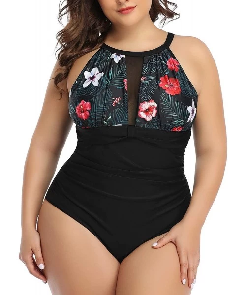 One-Pieces Women Plus Size One Piece Bathing Suits Ruched Tummy Control Swimsuit High Neck Mesh Swimwear - Floral-1 - CM18A5Q...