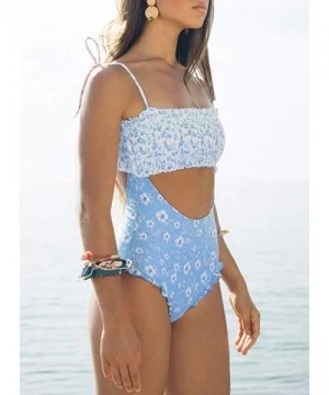 One-Pieces Women Stylish Cutout One-Pieces Monokini Ruffled Print Self Tie Straps Swimwear - Self Tie Strap Sky Blue-2 - C118...