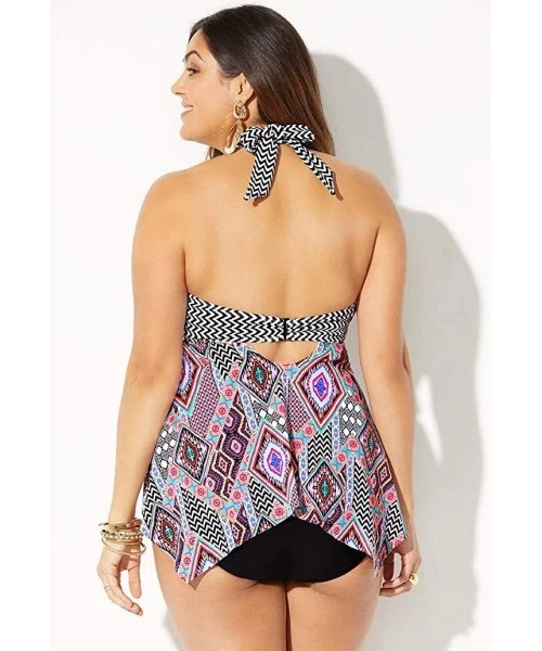 Tankinis Women's Plus Size Bow Handkerchief Halter Tankini Set - Aztec - CC18OSUM6IO